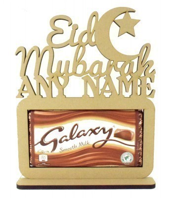6mm Personalised 'Eid Mubarak' with Moon. Galaxy Chocolate Bar Holder on a Stand
